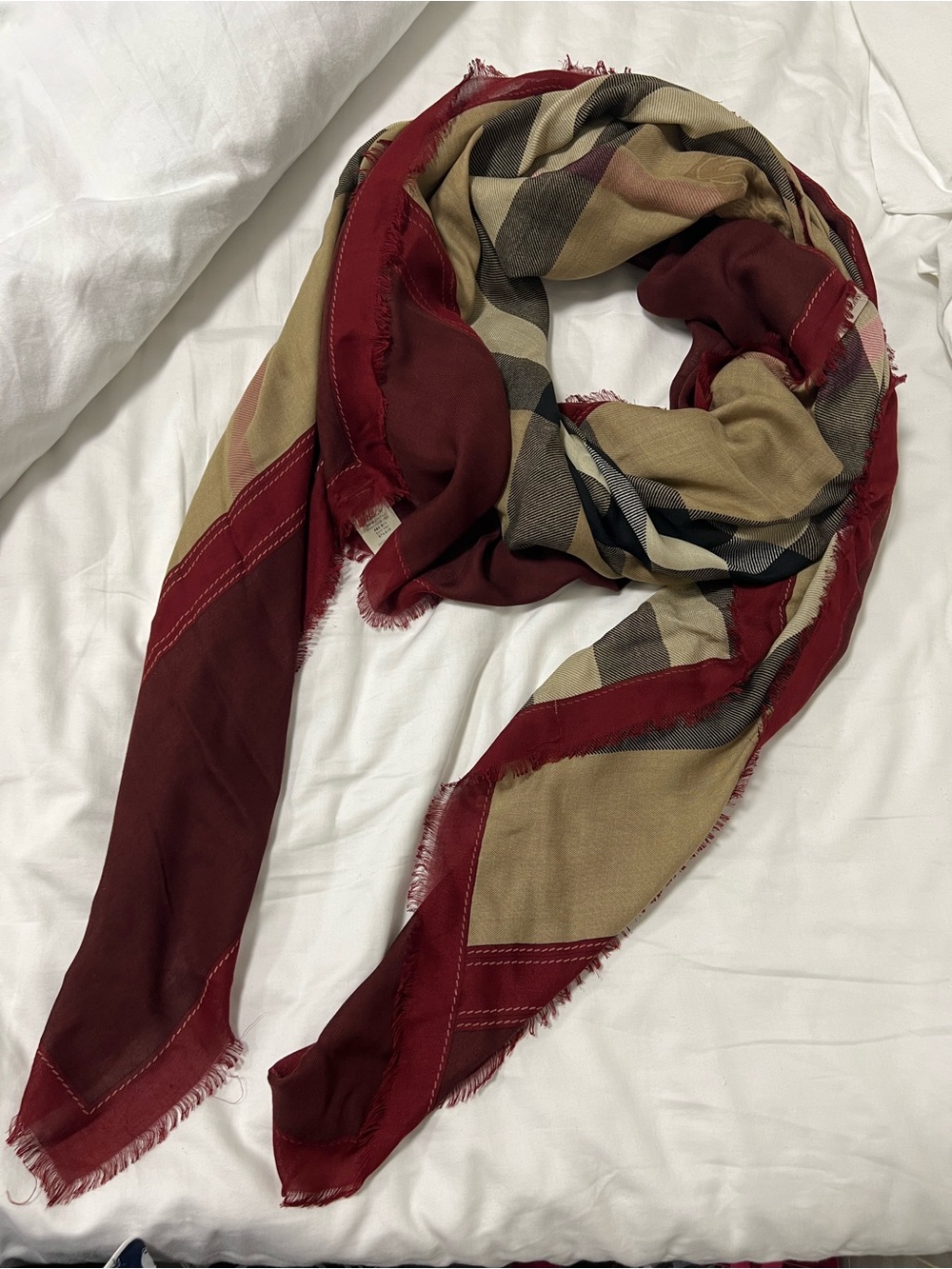 Burberry Plaid Wrap Scarf in Burgundy and Beige